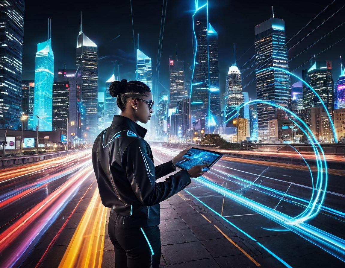 A futuristic digital landscape depicting a high-speed internet connection with glowing fiber optic cables and dynamic data streams flowing through the air. In the foreground, a person confidently measures internet speed using a sleek device, surrounded by vibrant graphs and performance metrics. The background features a cityscape with tall buildings representing advanced technology. The scene is infused with energy and progress, symbolizing potential. cyberpunk. vibrant colors. super-realistic.