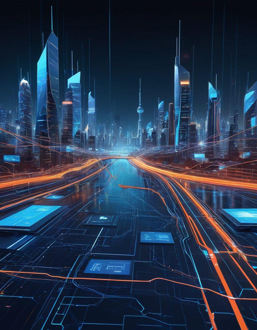 A sleek, modern digital landscape depicting a network diagram, showcasing various interconnected devices with glowing data lines flowing between them, symbolizing latency and throughput. Include graphical representations of data packets in motion and testing tools like speedometers and oscilloscopes. The background should feature a futuristic city skyline with high-tech elements. super-realistic. vibrant colors. 3D.