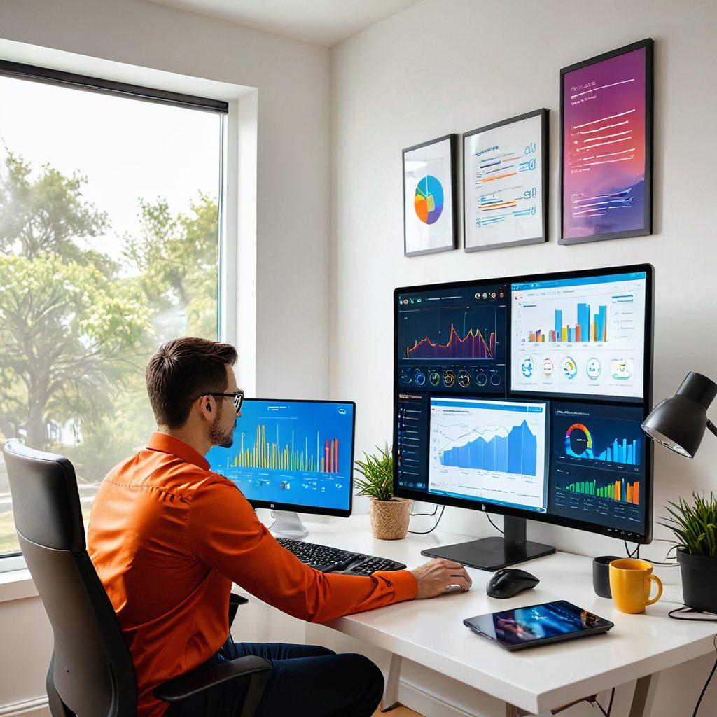 An illustration showing a modern home office with a computer screen displaying various internet performance metrics, like ping, download/upload speed graphs, and a lively speedometer. In the background, colorful Wi-Fi signals radiate outwards, symbolizing connectivity. A person is examining the data with a thoughtful expression, surrounded by tech gadgets and a cup of coffee. super-realistic. vibrant colors. white background.